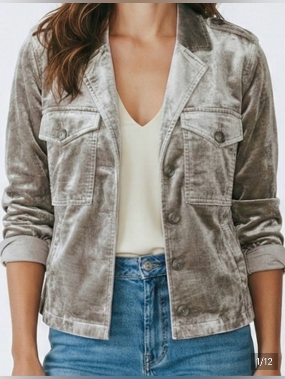 CAbi Sunday Tropper Gray Shiny Velvet  Military-Style Women's Jacket